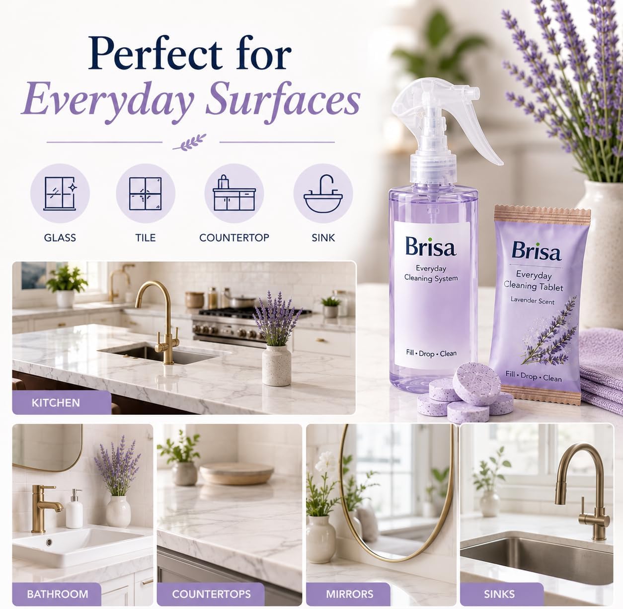 Lavender Cleaning Kit - Refillable Spray Bottle with 4 Multi Purpose Cleaning Tablets