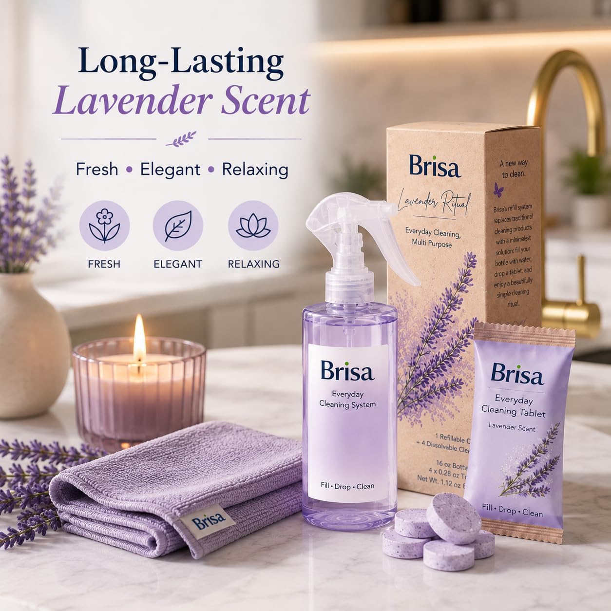 Lavender Cleaning Kit - Refillable Spray Bottle with 4 Multi Purpose Cleaning Tablets