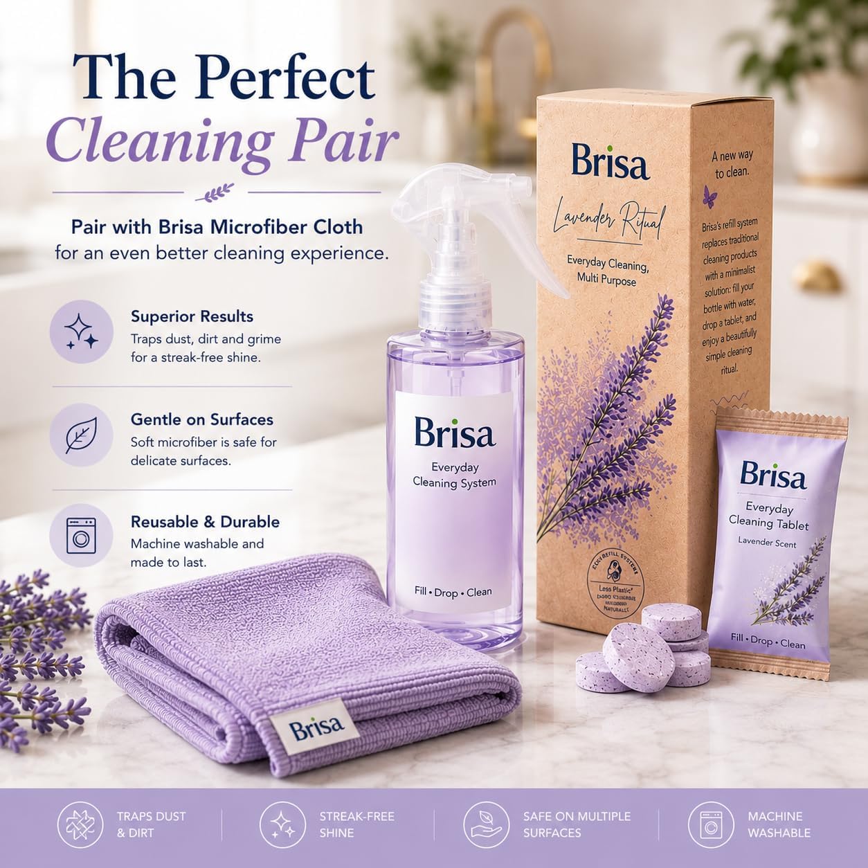 Lavender Cleaning Kit - Refillable Spray Bottle with 4 Multi Purpose Cleaning Tablets