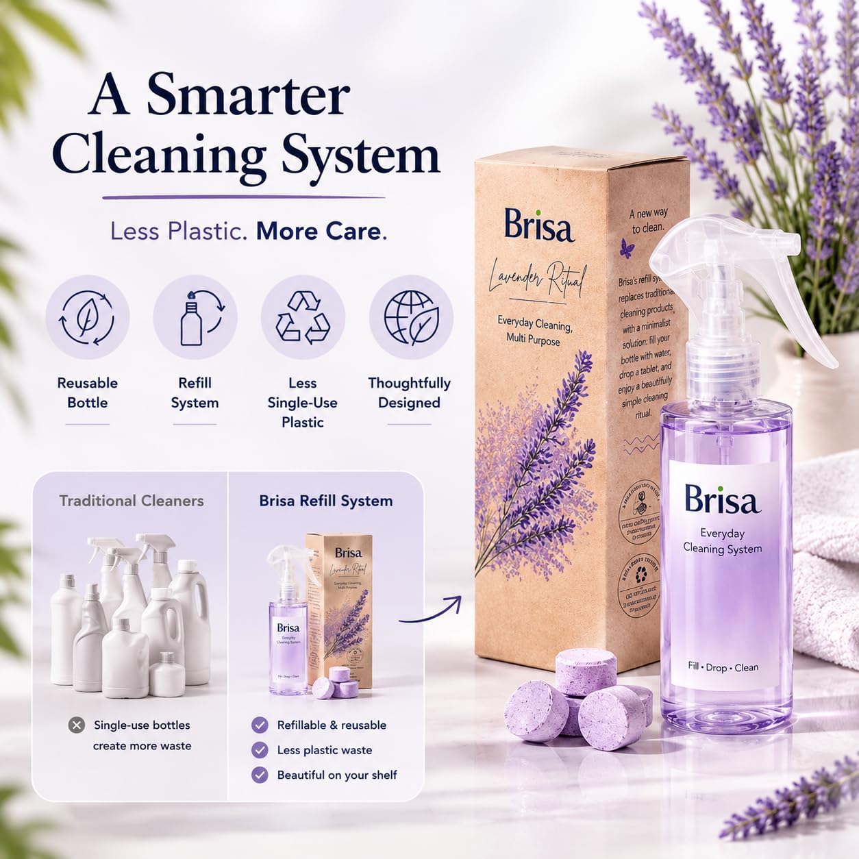 Lavender Cleaning Kit - Refillable Spray Bottle with 4 Multi Purpose Cleaning Tablets
