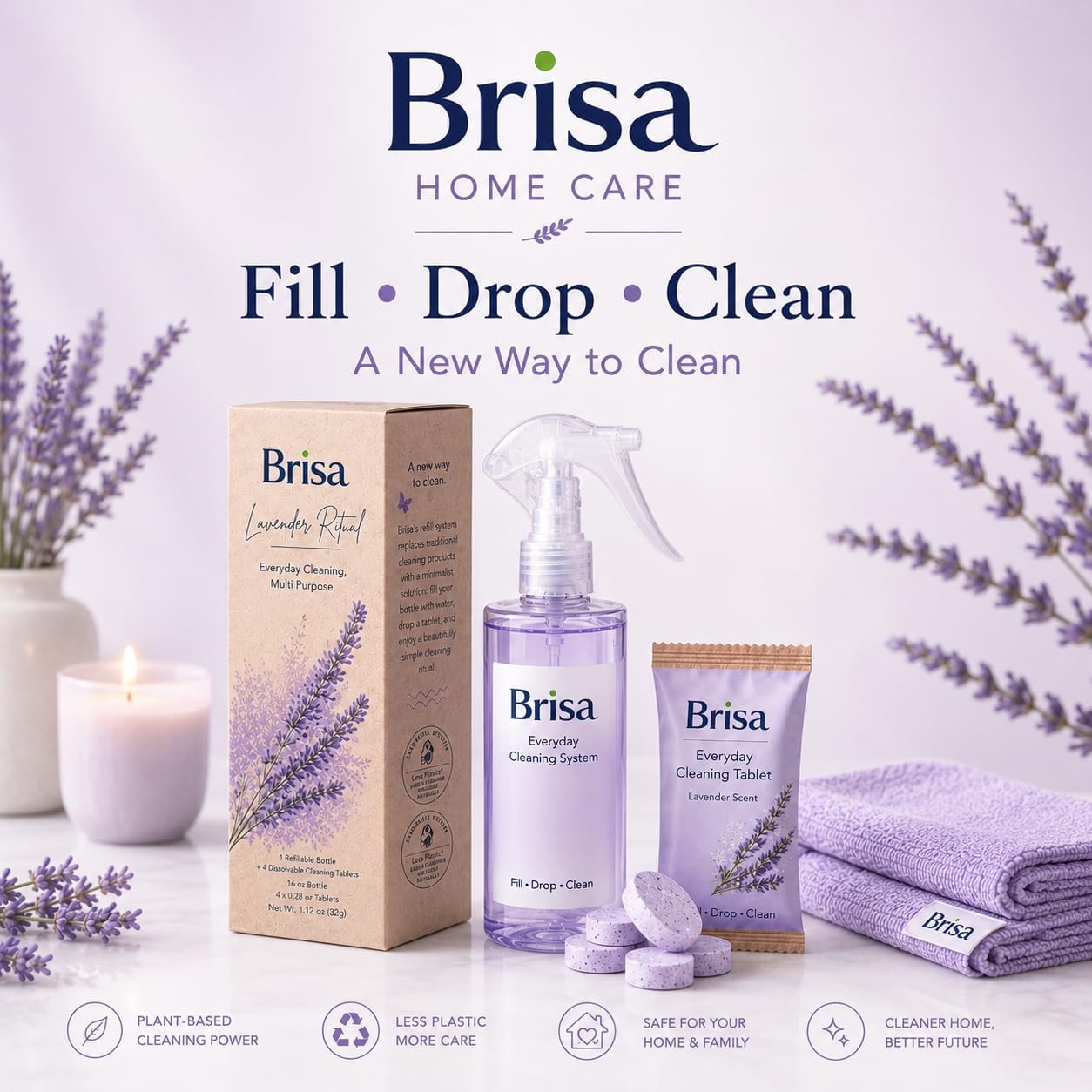 Lavender Cleaning Kit - Refillable Spray Bottle with 4 Multi Purpose Cleaning Tablets